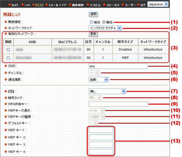 無線LAN設定画面